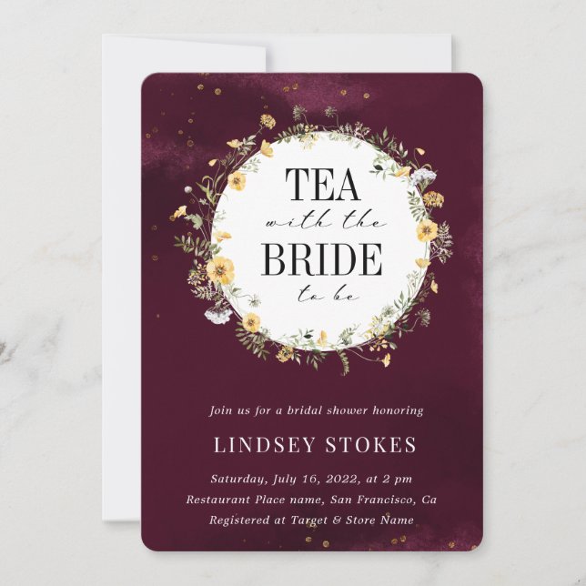 Tea Party Yellow Wildflower Burgundy Bridal Shower Invitation (Front)
