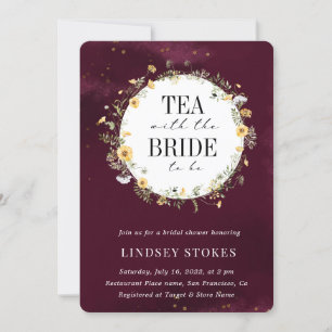 Tea Party Yellow Wildflower Burgundy Bridal Shower Invitation