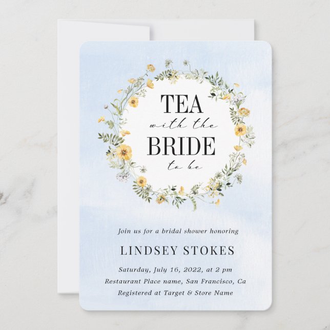 Tea Party Yellow Wildflowers Blue Bridal Shower Invitation (Front)