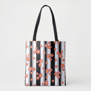 tea pink plumeria flowers on striped background tote bag