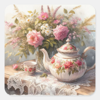 Tea Pot and Cup with Pink Flowers Sticker