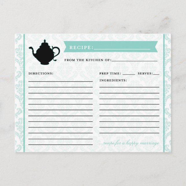 Tea Pot Bridal Kitchen Shower Recipe Card (Front)