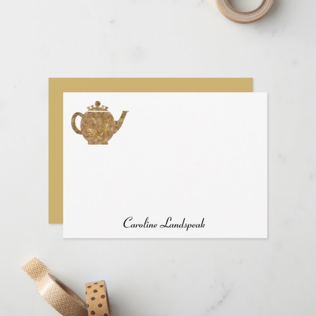 Tea Pot & Gold Chestnut Leaves  Card (Front/Back In Situ)