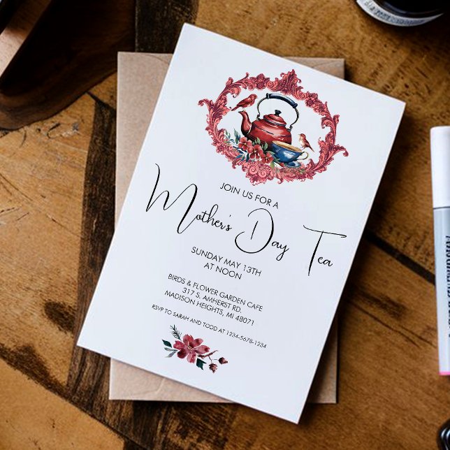 Tea Pot Kettle Cup Birds Red Mother's Day Party Invitation (Creator Uploaded)