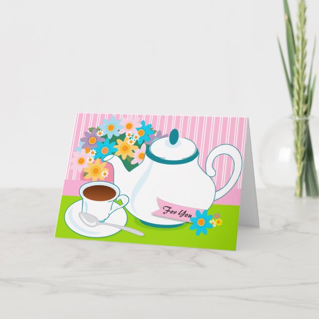 Tea Pot Tea Cup Flowers Thinking of You Card (Front)