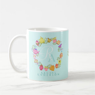 Tea Pots and Cups Monogram Pastel Blue Mug