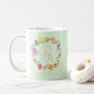 Tea Pots and Cups Monogram Pastel Green Mug