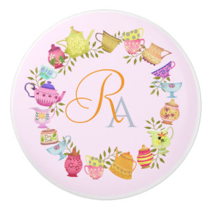  Tea Pots and Cups Monogram Pastel Pink  Ceramic Knob