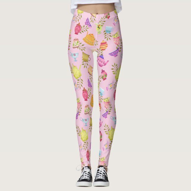 Tea Pots and Cups Pink Leggings (Front)