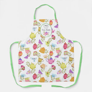 Tea Pots and Cups White All-Over Print Apron