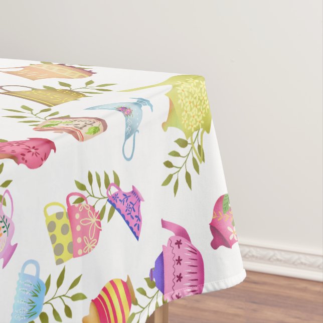 Tea Pots and Cups White Tablecloth (In Situ)