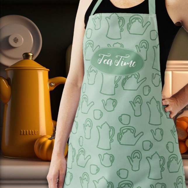 Tea Pots Pattern Sage Green Long Bib Apron (Creator Uploaded)