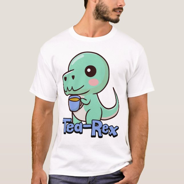 Tea-Rex! Cute Tea Drinking T-Rex Pun Cartoon T-Shirt (Front)
