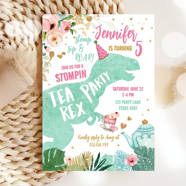Tea Rex Dinosaur Par-Tea Pink Mint Gold Birthday Invitation (Creator Uploaded)