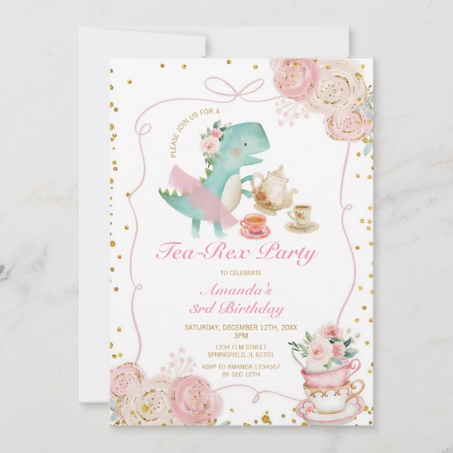 Tea-Rex Tutu Party Pink 3rd Birthday Invitation (Front)