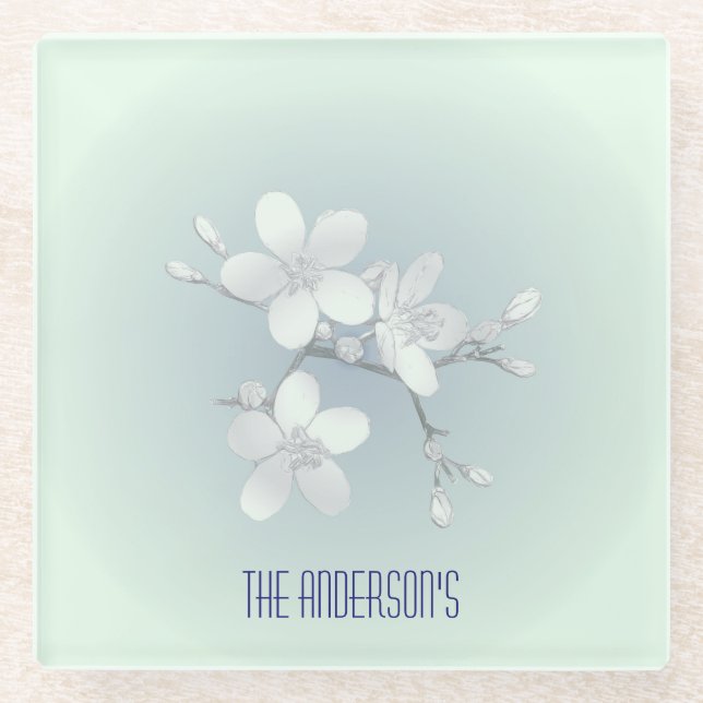 Tea Room Sign Elegant Hand Drawn Flowered Teacups Glass Coaster (Front)