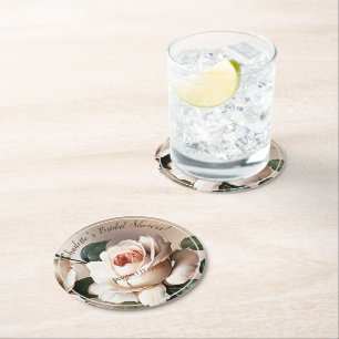 Tea Rose Bridal Shower Round Paper Coaster
