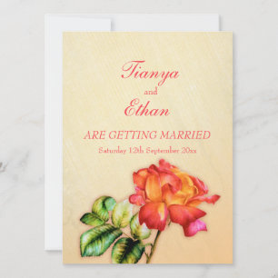 Tea rose orange red fine art wedding invitation