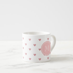 Tea Rose Pink Glitter Hearts with Monogram Espresso Cup