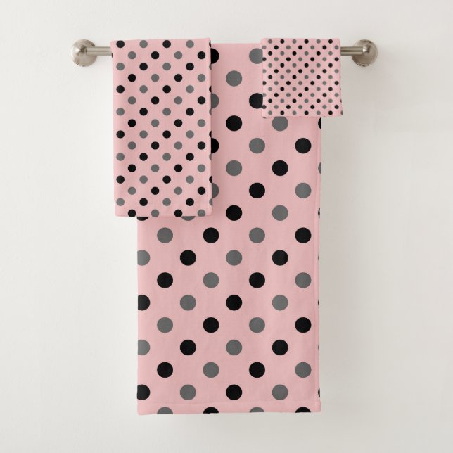 tea rose (red), grey and white dots bath towel set (Insitu)