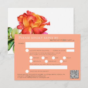 Tea rose watercolor wedding QR code meals orange RSVP Card