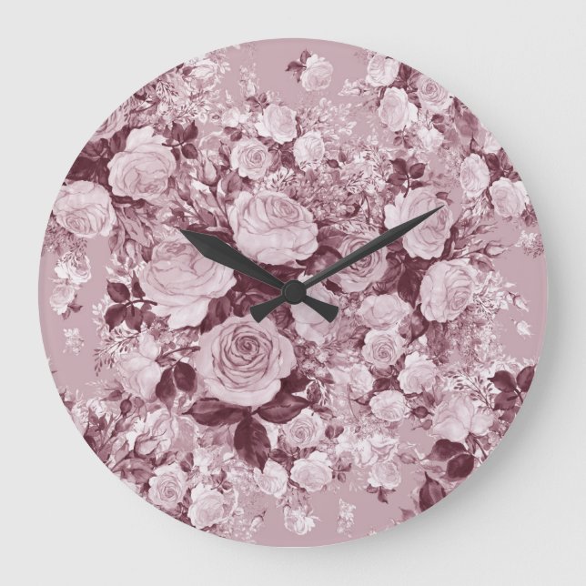Tea Roses: Watercolor Bouquet Pattern. Large Clock (Front)