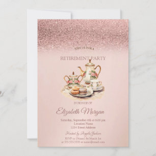 Tea Service Rose Gold Glitter Retirement Invitation