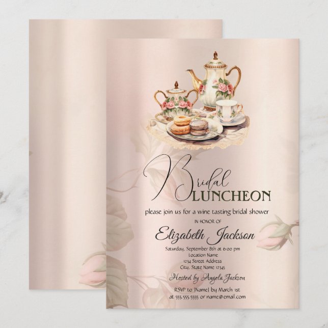 Tea Set Chic Roses Vintage Bridal Luncheon Invitation (Front/Back)