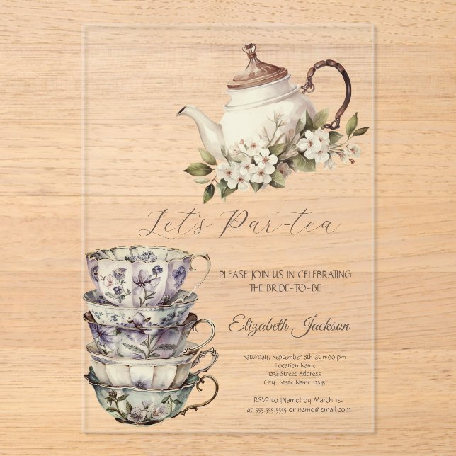 Tea Set Cup Teapot Flowers Gold Bridal Shower Acrylic Invitations (Front)