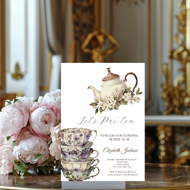 Tea Set Cup Teapot Flowers Gold Bridal Shower Invitation (Creator Uploaded)
