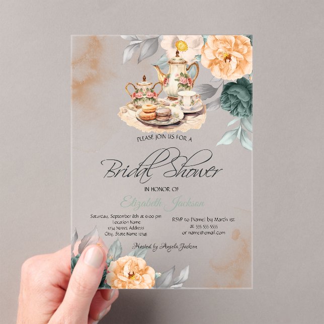 Tea Set Green Roses Bridal Shower Acrylic Invitations (Insitu (Handheld))