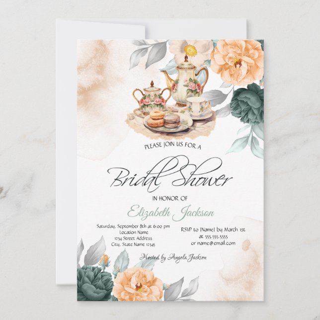Tea Set Green Roses Bridal Shower Invitation (Front)