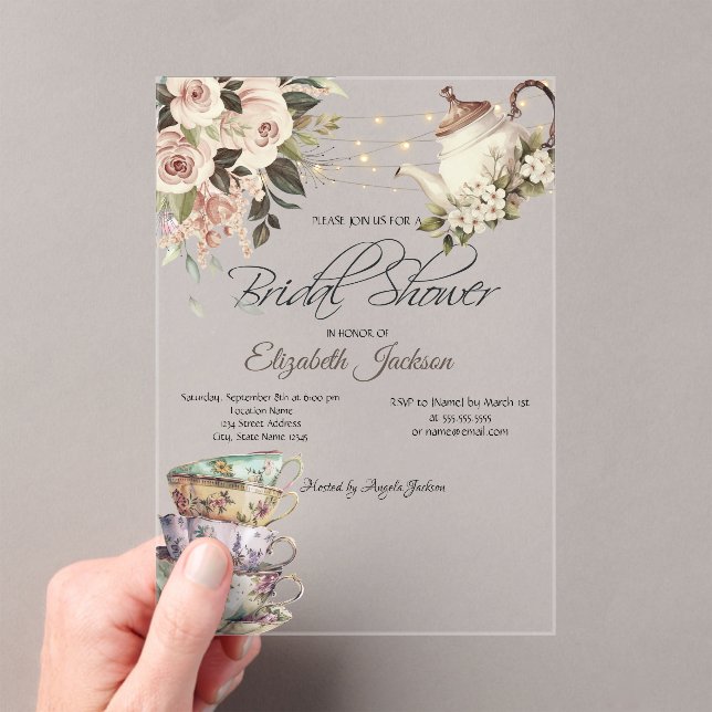 Tea Set Lights Roses Bridal Shower  Acrylic Invitations (Insitu (Handheld))