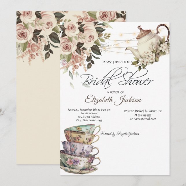 Tea Set Lights Roses Bridal Shower  Invitation (Front/Back)