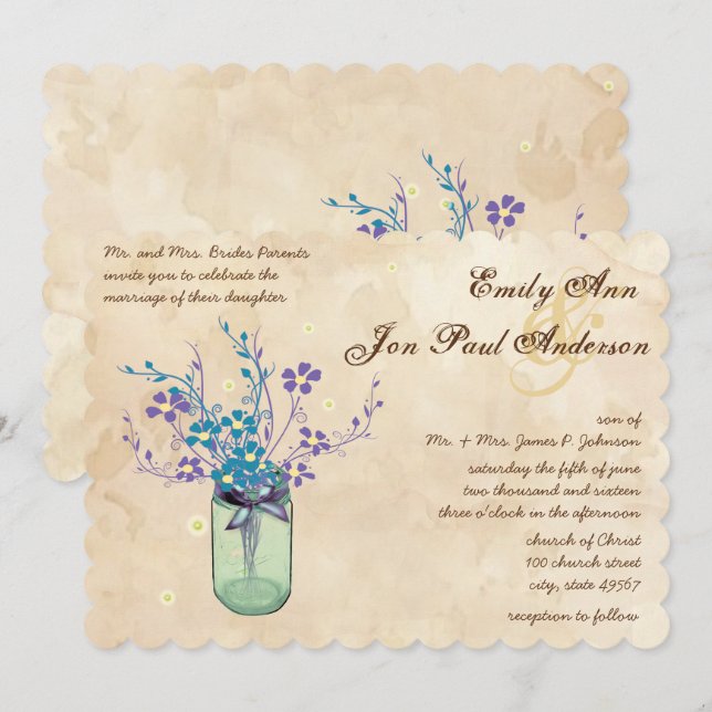 Tea Stain Aqua Purple Flower Mason Jar Invitation (Front/Back)