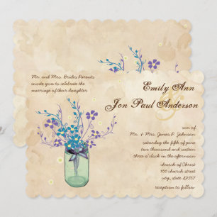 Tea Stain Aqua Purple Flower Mason Jar Invitation