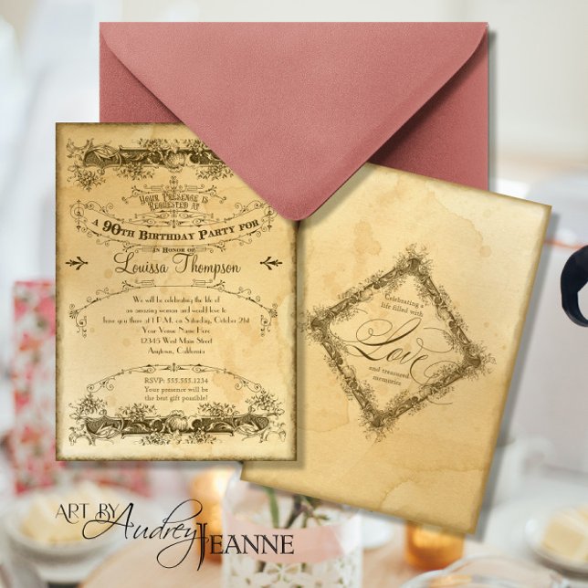 Tea Stained Vintage 90th Birthday Celebration Invitation (Creator Uploaded)