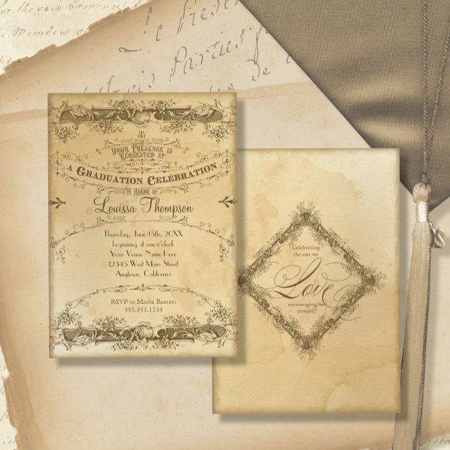 Tea Stained Vintage Graduation Celebration Antique Invitation (Creator Uploaded)