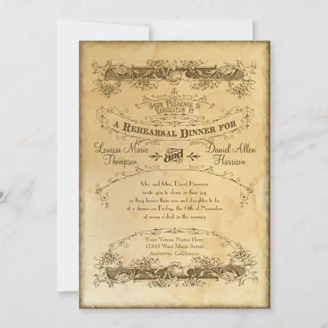 Tea Stained Vintage Wedding 2 -Rehearsal Dinner Invitation (Front)