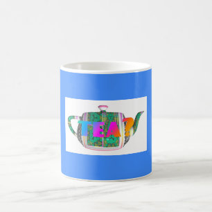 TEA? TEAPOT ON BLUE COFFEE MUG