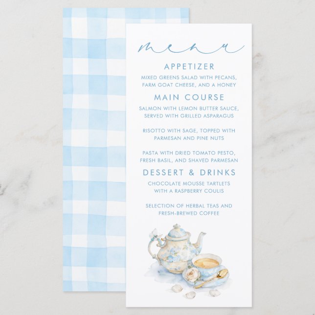 Tea Themed Blue Gingham Pattern Menu Cards (Front/Back)