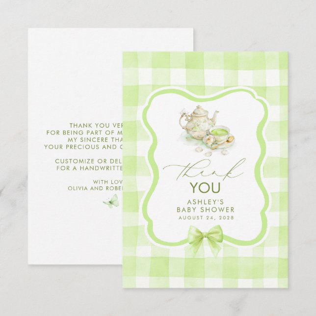 Tea Themed Green Gingham Cute Thank You Card (Front/Back)