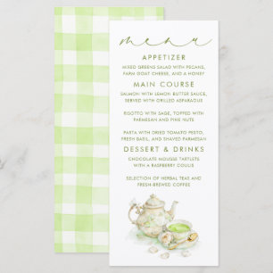 Tea Themed Green Gingham Pattern Menu Cards