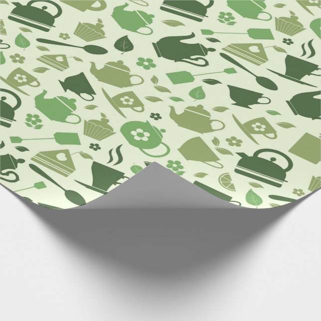Tea themed green pattern wrapping paper (Corner)