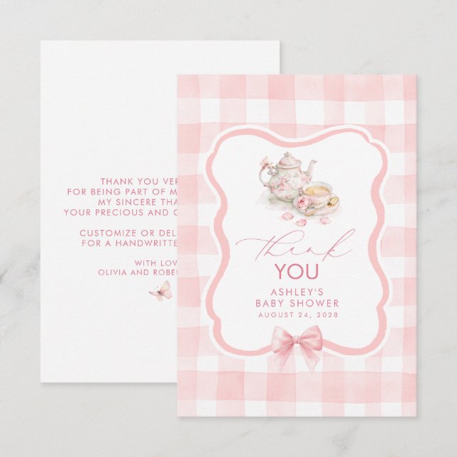 Tea Themed Pink Gingham Cute Thank You Card (Front/Back)