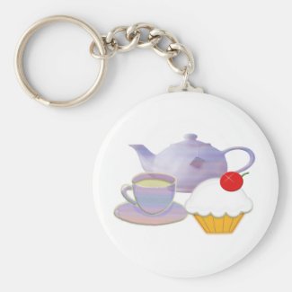 Tea time and cherry cupcake art key ring