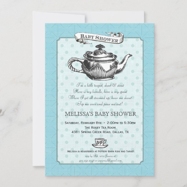 Tea Time Baby Shower Invitation - Aqua Blue (Front)