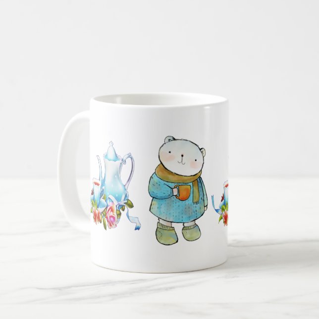 Tea Time Blue Bear with Teapot Design Coffee Mug (Front Left)