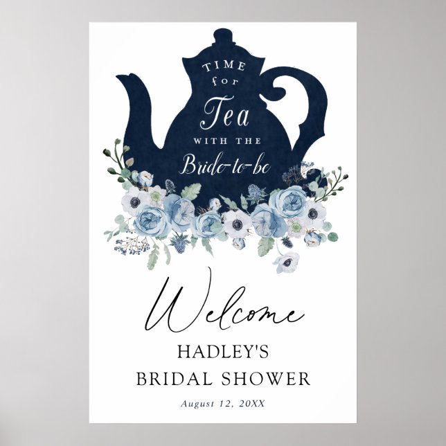 Tea Time Blue Bridal Shower Welcome Sign (Front)