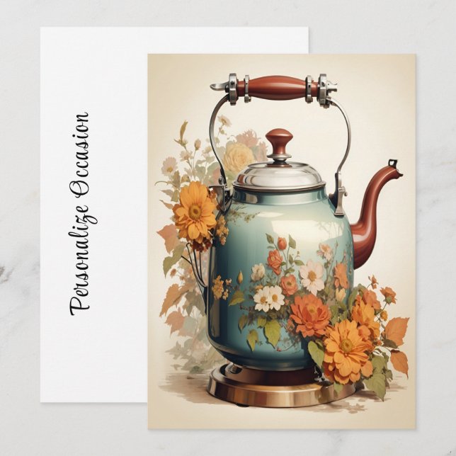 Tea Time Coffee Break Get Together Tea Pot Flowers Holiday Card (Front/Back)
